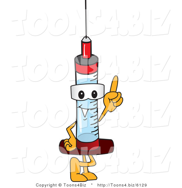Vector Illustration of a Cartoon Syringe Mascot Pointing up
