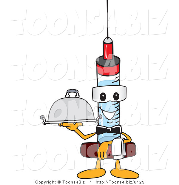 Vector Illustration of a Cartoon Syringe Mascot Serving a Platter