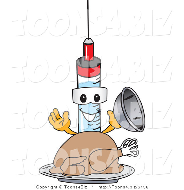 Vector Illustration of a Cartoon Syringe Mascot Serving a Thanksgiving Turkey