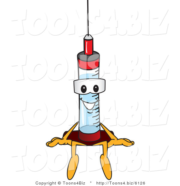 Vector Illustration of a Cartoon Syringe Mascot Sitting on a Ledge