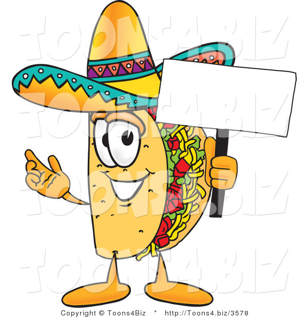 Vector Illustration of a Cartoon Taco Mascot Holding a Blank Sign