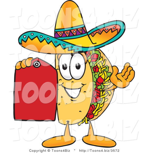 Vector Illustration of a Cartoon Taco Mascot Holding a Red Sales Price Tag