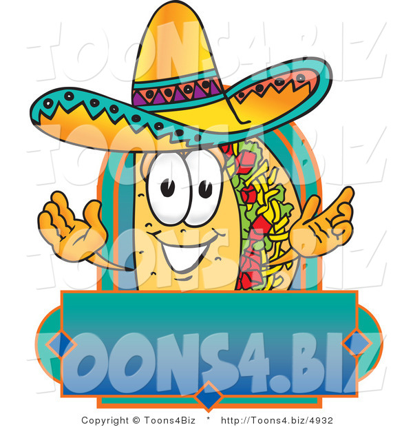 Vector Illustration of a Cartoon Taco Mascot over a Blank Banner