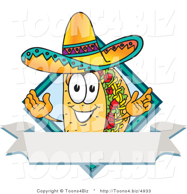 Vector Illustration of a Cartoon Taco Mascot over a Blank White Banner on a Label