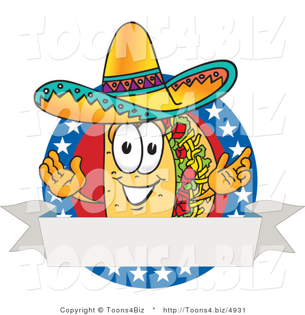 Vector Illustration of a Cartoon Taco Mascot over a Blank White Banner on an American Themed Business Logo