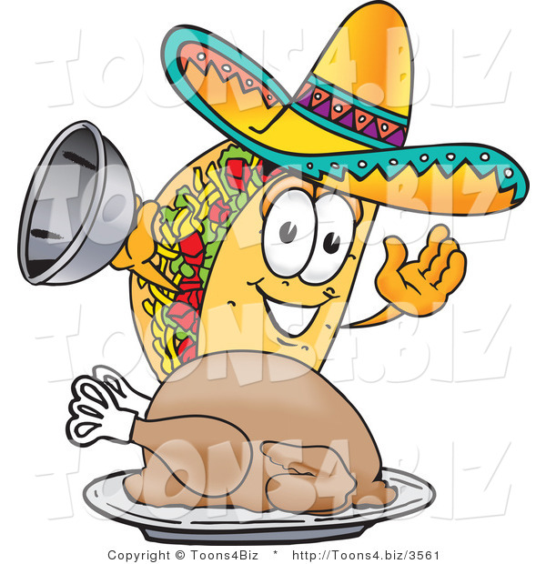 Vector Illustration of a Cartoon Taco Mascot Serving a Thanksgiving Turkey on a Platter