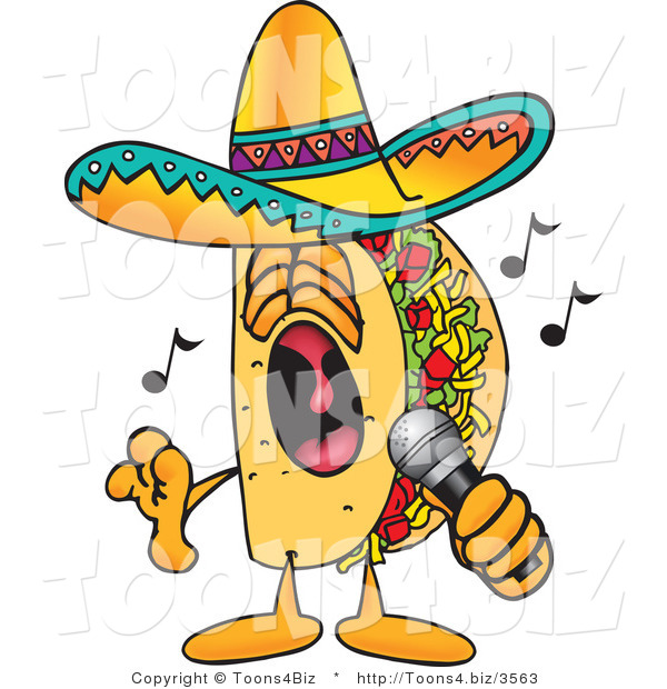 Vector Illustration of a Cartoon Taco Mascot Singing Loud into a Microphone