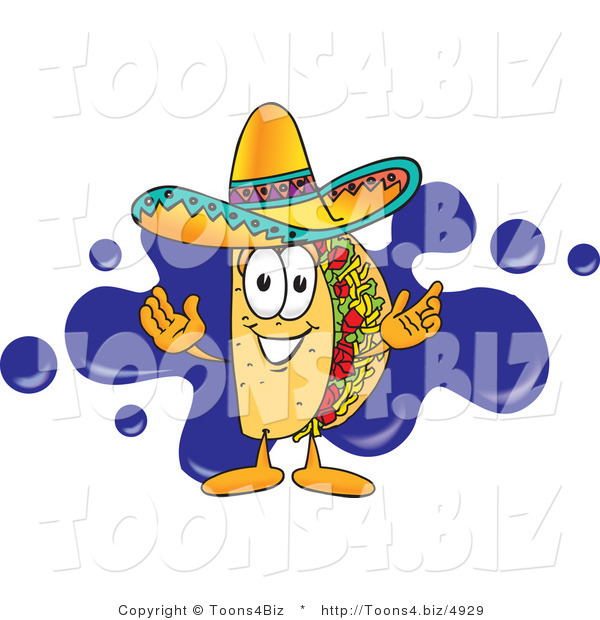 Vector Illustration of a Cartoon Taco Mascot Standing in Front of a Blue Paint Splatter on a Business Logo