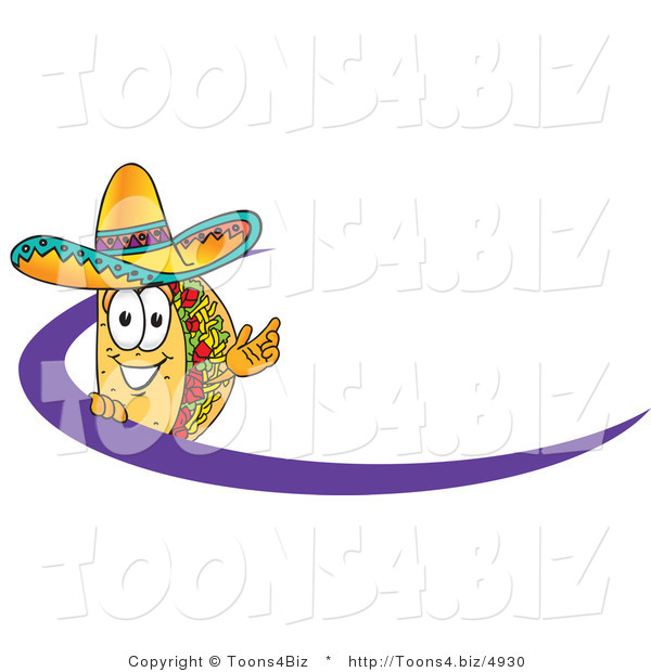 Vector Illustration of a Cartoon Taco Mascot Waving and Standing Behind a Purple Dash on an Employee Nametag or Business Logo