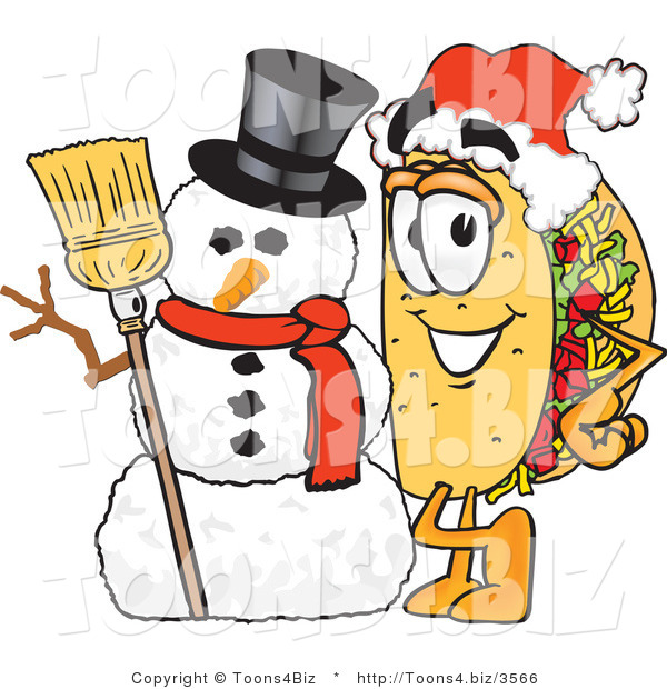 Vector Illustration of a Cartoon Taco Mascot with a Snowman on Christmas