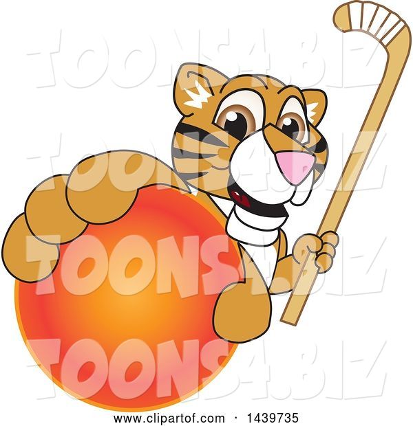 Vector Illustration of a Cartoon Tiger Cub Mascot Grabbing a Hockey Ball and Holding a Stick