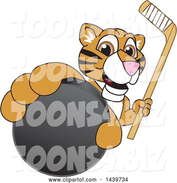 Vector Illustration of a Cartoon Tiger Cub Mascot Grabbing a Hockey Puck and Holding a Stick