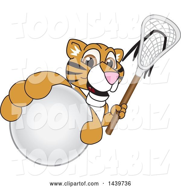 Vector Illustration of a Cartoon Tiger Cub Mascot Grabbing a Lacrosse Ball and Holding a Stick