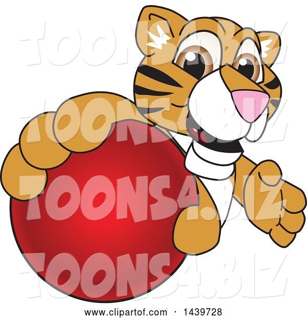 Vector Illustration of a Cartoon Tiger Cub Mascot Grabbing a Red Ball
