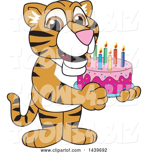 Vector Illustration of a Cartoon Tiger Cub Mascot Holding a Birthday Cake