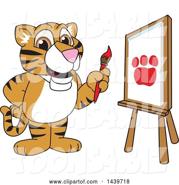 Vector Illustration of a Cartoon Tiger Cub Mascot Painting