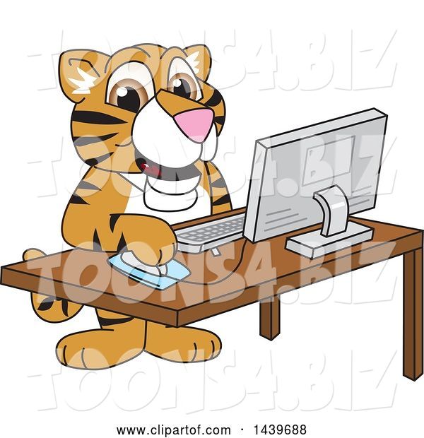 Vector Illustration of a Cartoon Tiger Cub Mascot Using a Computer