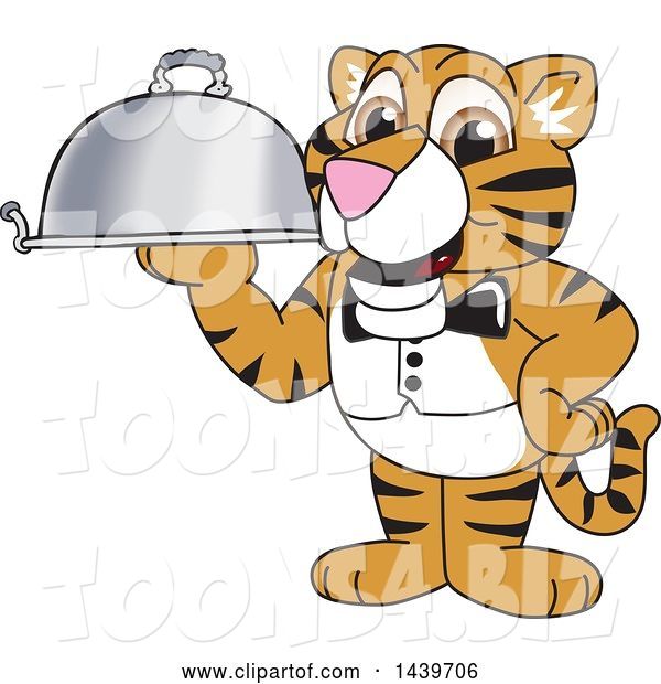 Vector Illustration of a Cartoon Tiger Cub Mascot Waiter Holding a Cloche Platter