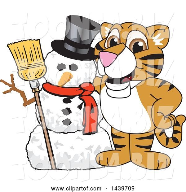 Vector Illustration of a Cartoon Tiger Cub Mascot with a Snowman