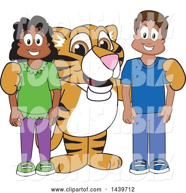 Vector Illustration of a Cartoon Tiger Cub Mascot with Happy Students