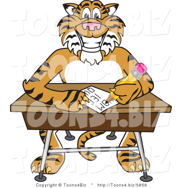 Vector Illustration of a Cartoon Tiger Mascot Doing Homework at a Desk