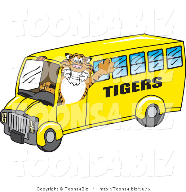 Vector Illustration of a Cartoon Tiger Mascot Driving a Bus