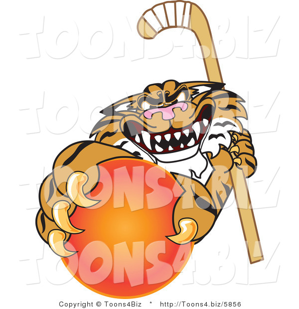 Vector Illustration of a Cartoon Tiger Mascot Grabbing a Field Hockey Ball