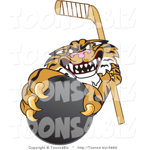 Vector Illustration of a Cartoon Tiger Mascot Grabbing a Hockey Puck