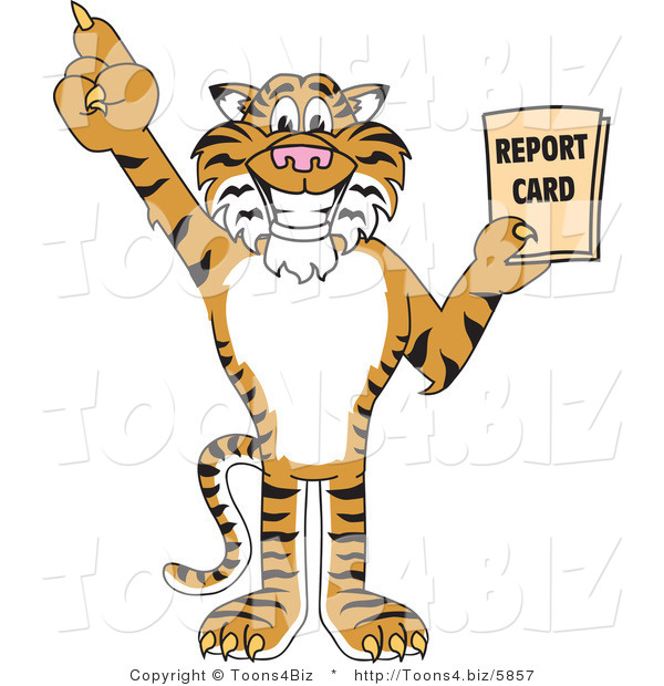 Vector Illustration of a Cartoon Tiger Mascot Holding a Report Card