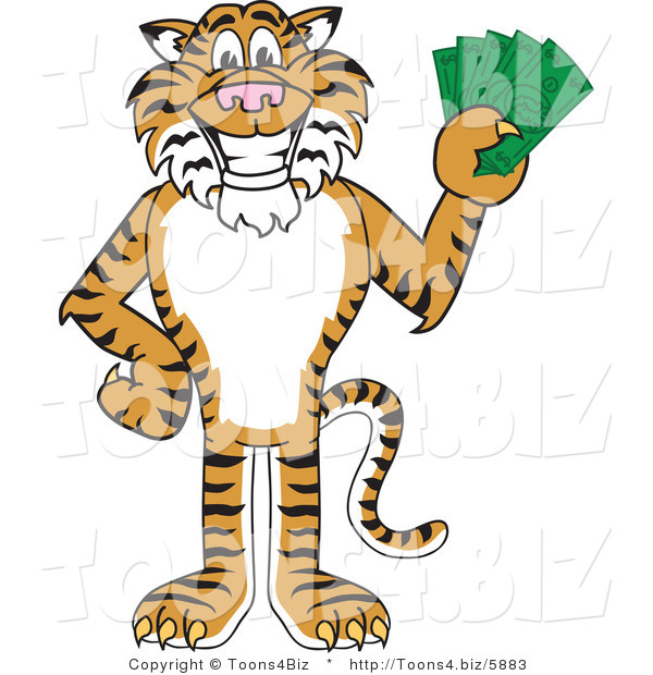 Vector Illustration of a Cartoon Tiger Mascot Holding Cash
