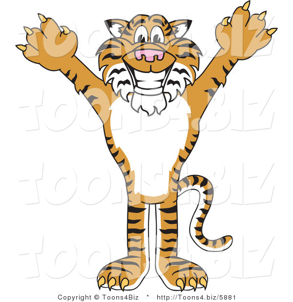 Vector Illustration of a Cartoon Tiger Mascot Holding His Arms up