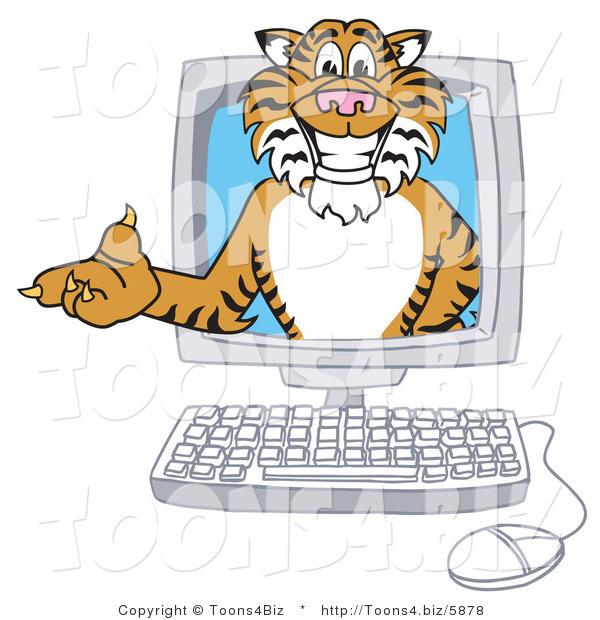 Vector Illustration of a Cartoon Tiger Mascot in a Computer