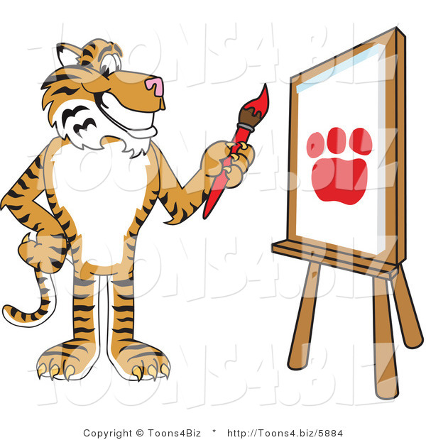 Vector Illustration of a Cartoon Tiger Mascot Painting a Canvas