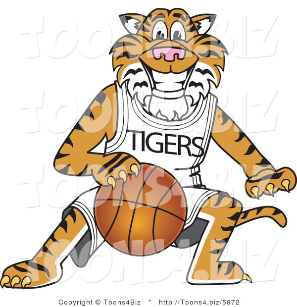 Vector Illustration of a Cartoon Tiger Mascot Playing Basketball