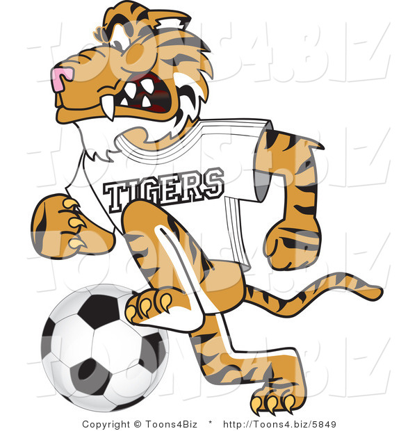 Vector Illustration of a Cartoon Tiger Mascot Playing Soccer