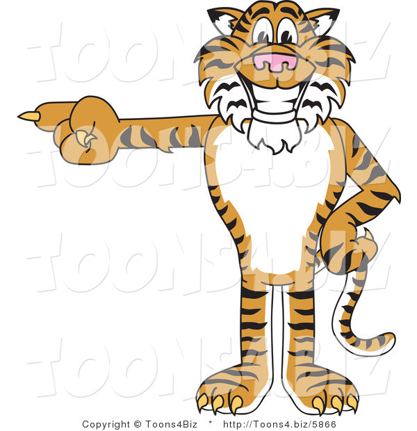 Vector Illustration of a Cartoon Tiger Mascot Pointing Left