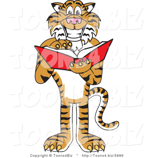 Vector Illustration of a Cartoon Tiger Mascot Reading