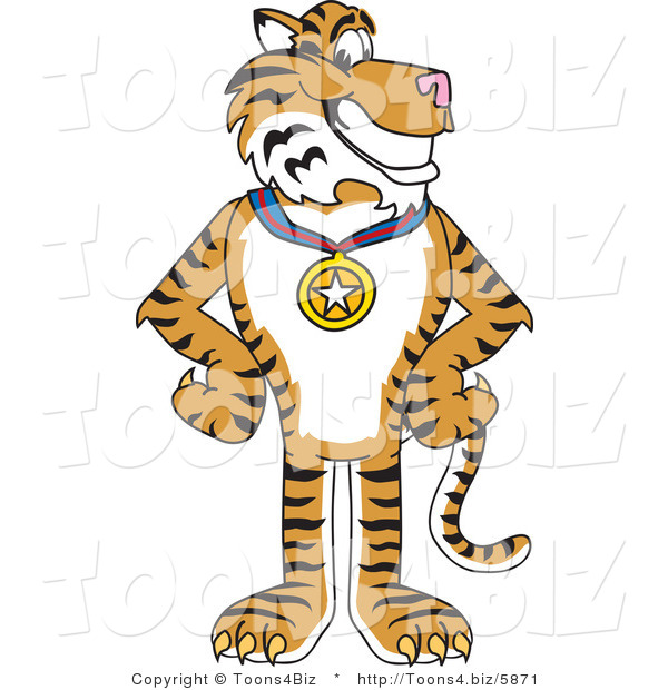 Vector Illustration of a Cartoon Tiger Mascot Wearing a Medal