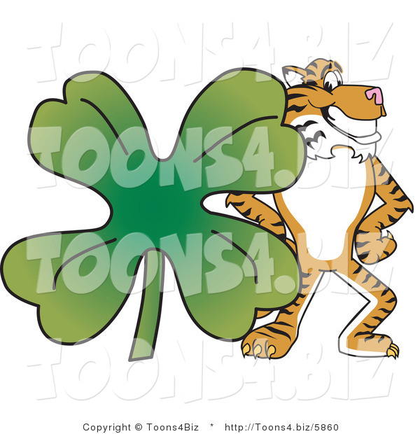 Vector Illustration of a Cartoon Tiger Mascot with a Clover