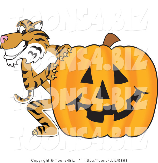 Vector Illustration of a Cartoon Tiger Mascot with a Halloween Pumpkin