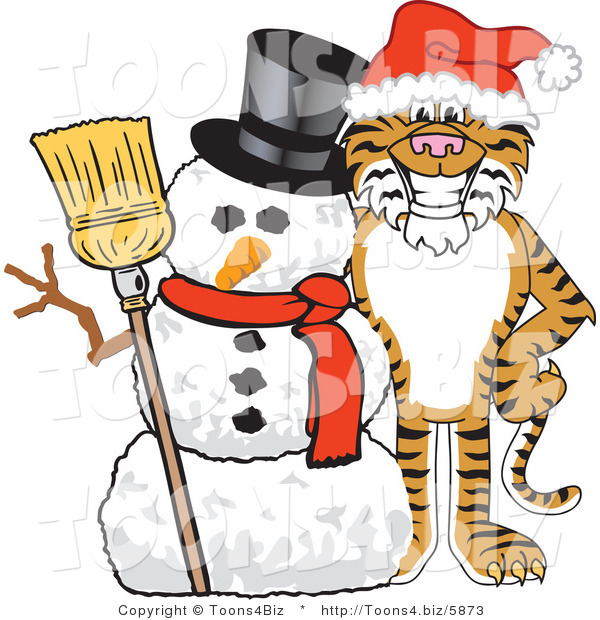 Vector Illustration of a Cartoon Tiger Mascot with a Snowman
