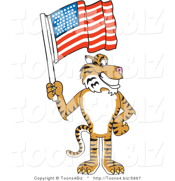 Vector Illustration of a Cartoon Tiger Mascot with an American Flag