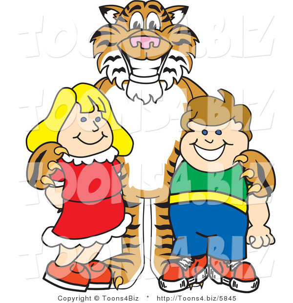 Vector Illustration of a Cartoon Tiger Mascot with Students