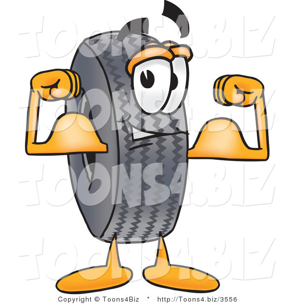 Vector Illustration of a Cartoon Tire Mascot Flexing His Arm Muscles