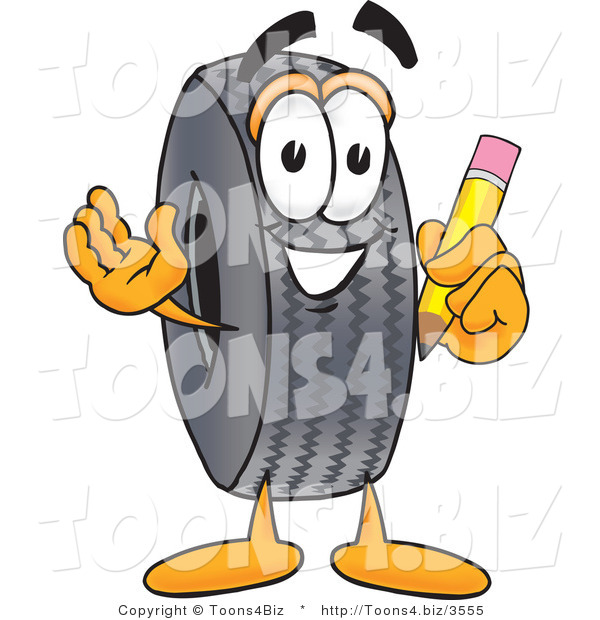 Vector Illustration of a Cartoon Tire Mascot Holding a Pencil