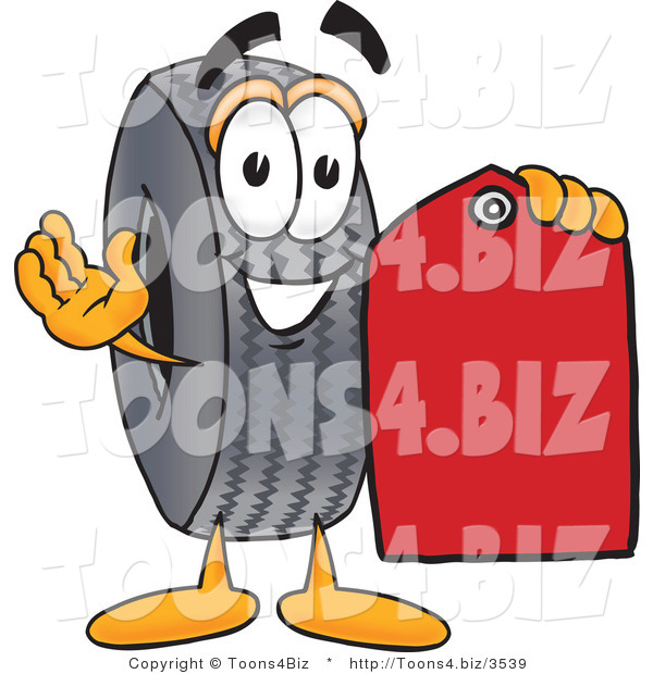 Vector Illustration of a Cartoon Tire Mascot Holding a Red Sales Price Tag