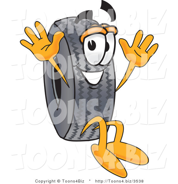 Vector Illustration of a Cartoon Tire Mascot Jumping