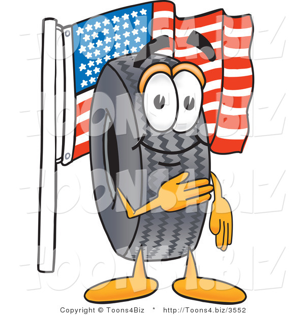 Vector Illustration of a Cartoon Tire Mascot Pledging Allegiance to an American Flag