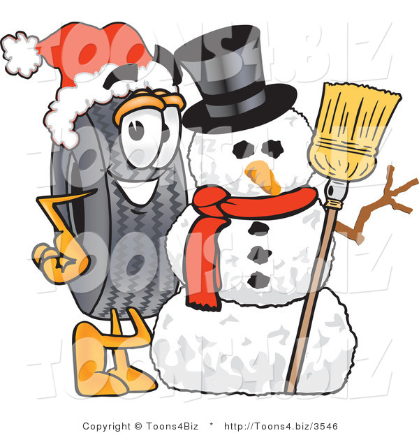 Vector Illustration of a Cartoon Tire Mascot with a Snowman on Christmas