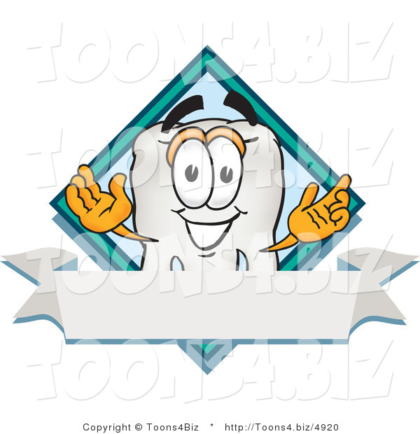 Vector Illustration of a Cartoon Tooth Mascot over a Blank White Banner on a Logo